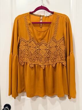 Jolt Mustard Yellow Crochet Lace Bell Sleeve Boho Blouse